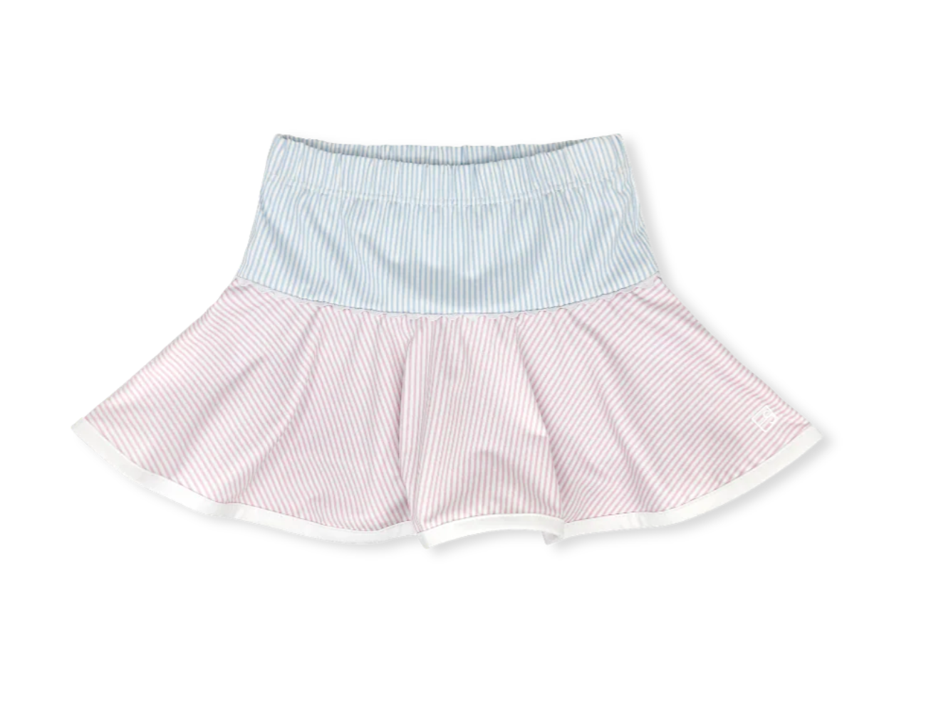 Quinn Skort in Cotton Candy Pink and Purple Ministripe with Blue & White RicRac (Kid)