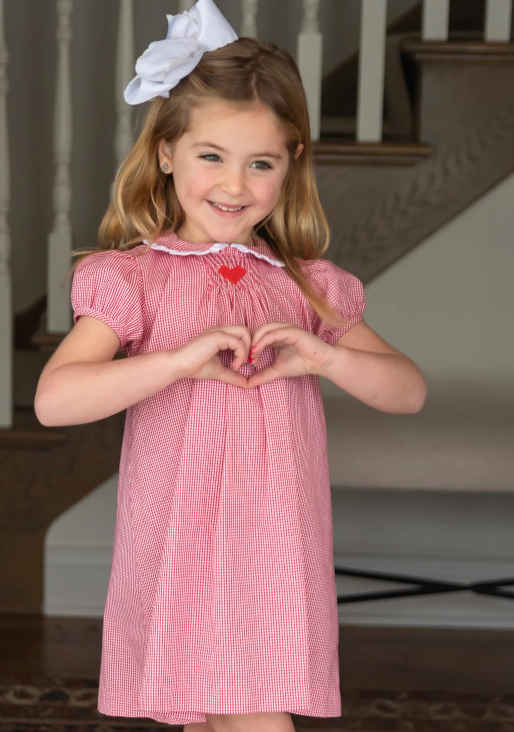 Heart Red Gingham Sage Smocked Dress (Toddler)