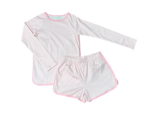 Long Sleeve Shorts Lounge Set-Red & Pink Stripe