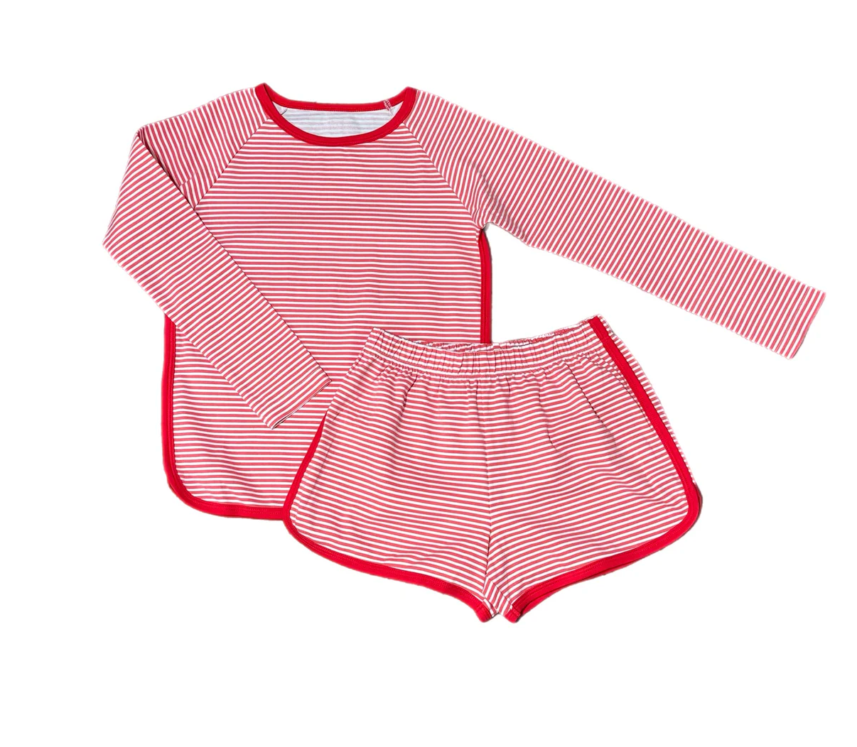 Long Sleeve Shorts Lounge Set-Red & Pink Stripe