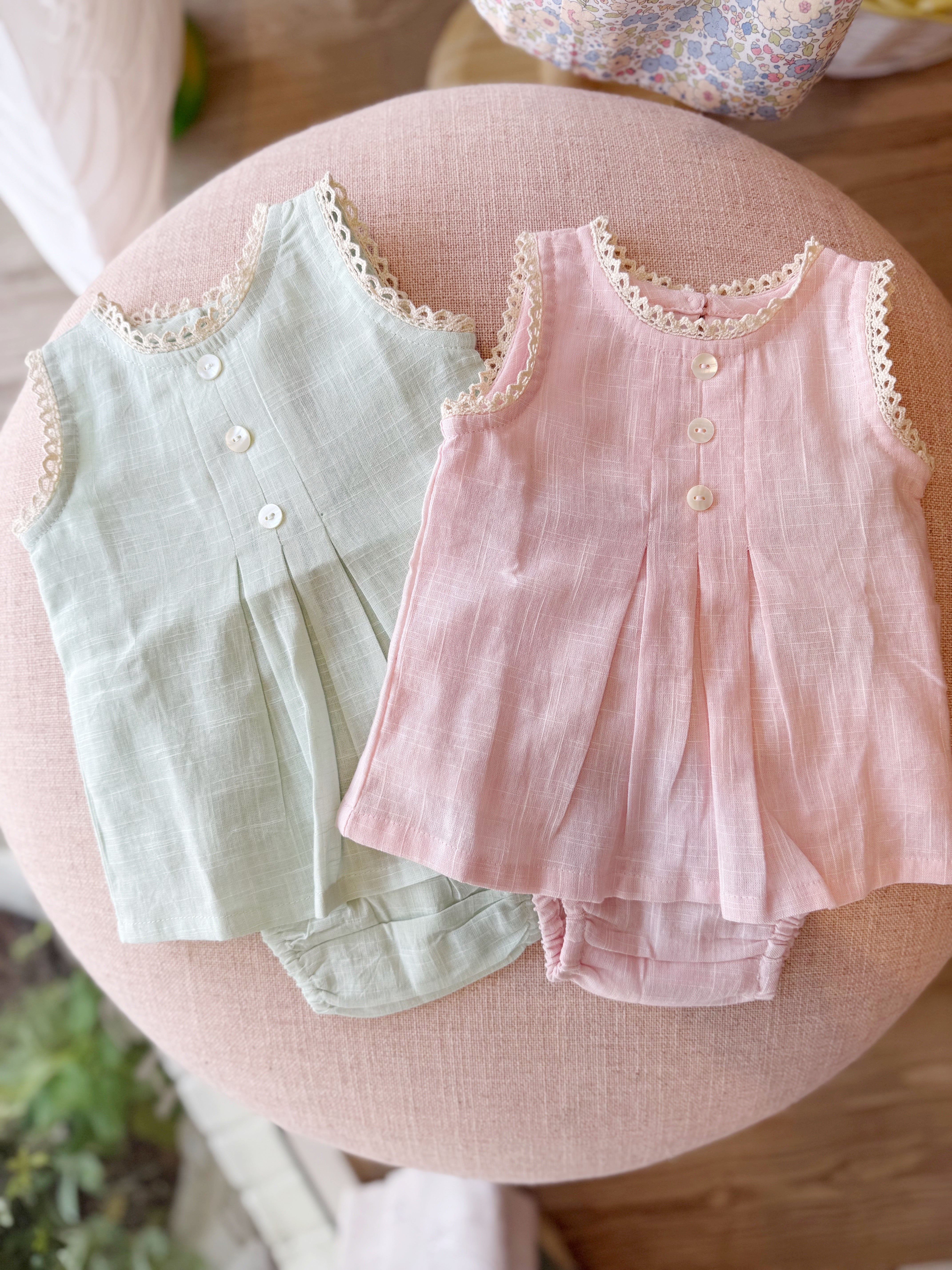 Front Button Woven Dress & Bloomer Set-Mint & Light Pink (Toddler)