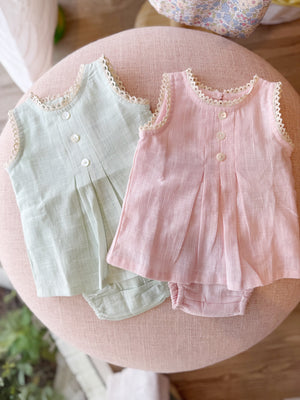 Front Button Woven Dress & Bloomer Set-Mint & Light Pink (Toddler)
