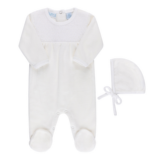 Ivory Hand Smocked Velour Romper with Hat