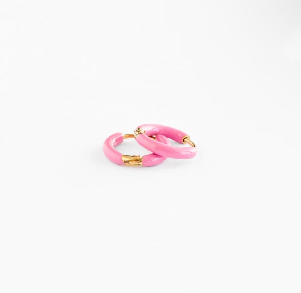 Neon Pink Enamel Hoop Earrings