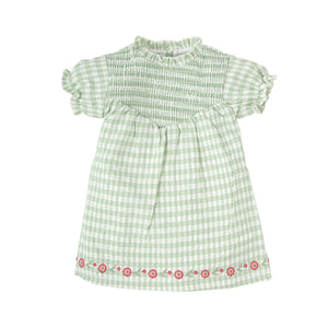 Green Gingham Dress with Bottom Floral Embroidery (Kid)
