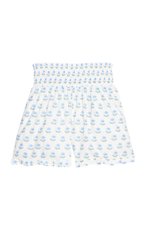 Blue Tulip Block Print Shirred Ruffle Shorts