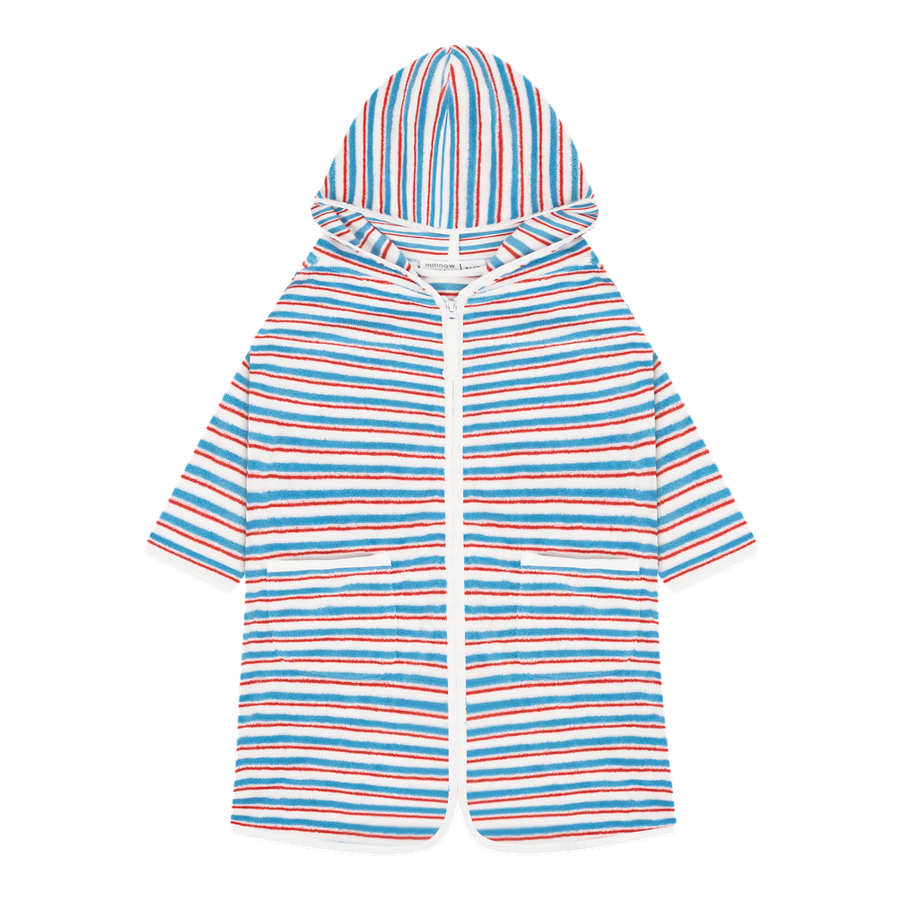 Unisex Stripe French Terry Short Sleeve Hooded Zipper Coverup