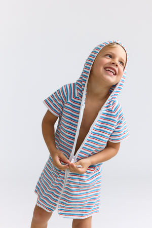 Unisex Stripe French Terry Short Sleeve Hooded Zipper Coverup