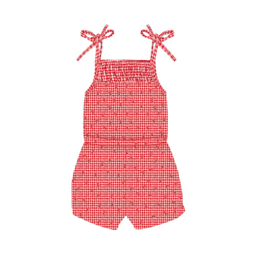 Girls Red Floral Gingham Smocked Romper