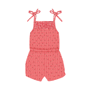 Girls Red Floral Gingham Smocked Romper
