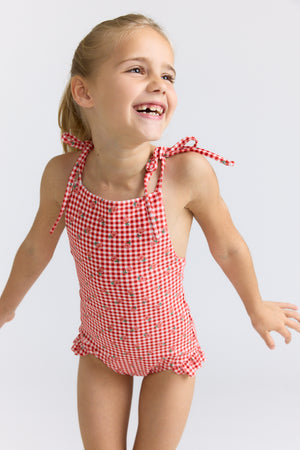 Girls Floral Gingham Front Tie Strap Halter One Piece