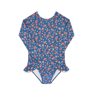 Girls Navy Floral Rashguard One Piece