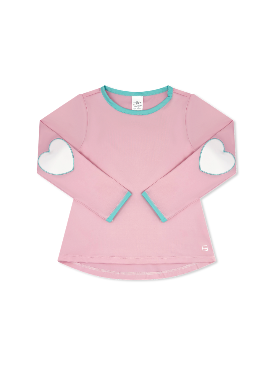 Cotton Candy Pink Top w/ Totally Turquoise Welting & Cool Mint Heart Patches Kylie LS Tee