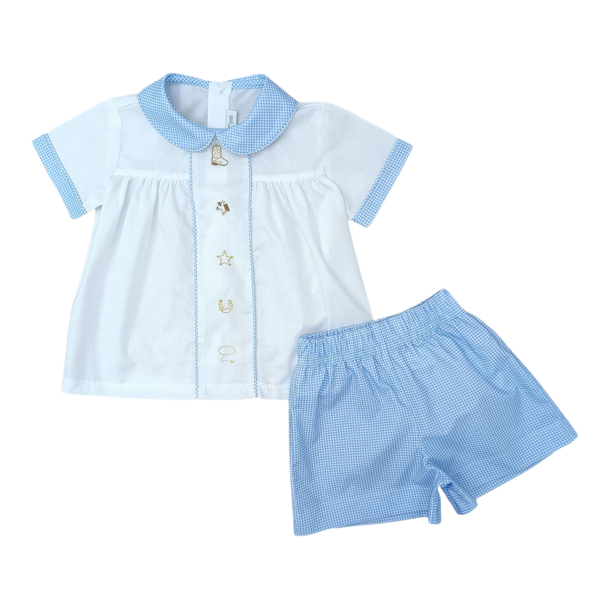 White w/ Blue Gingham & Cowboy Clark Short Set