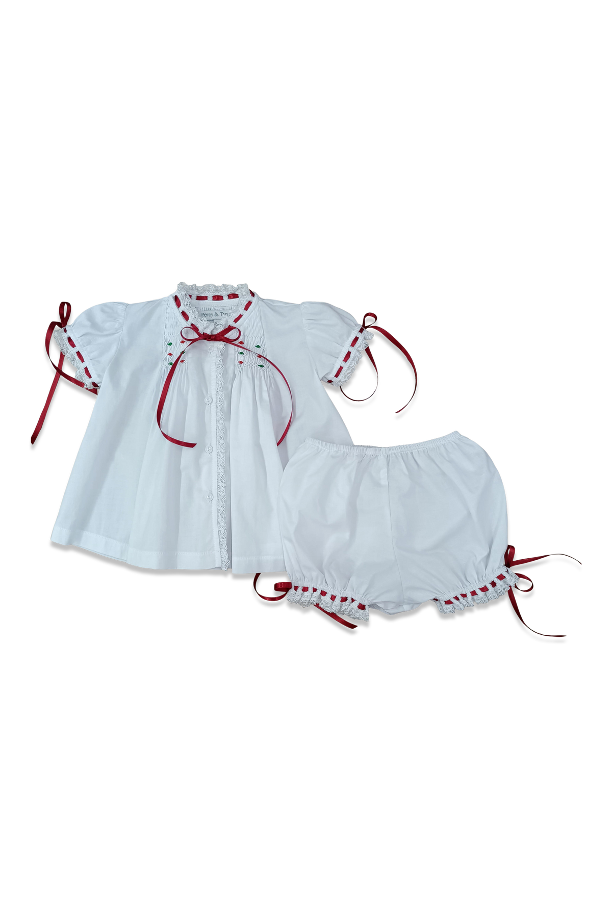 White w/ Red & Green Heirloom Smocked Bloomer Set