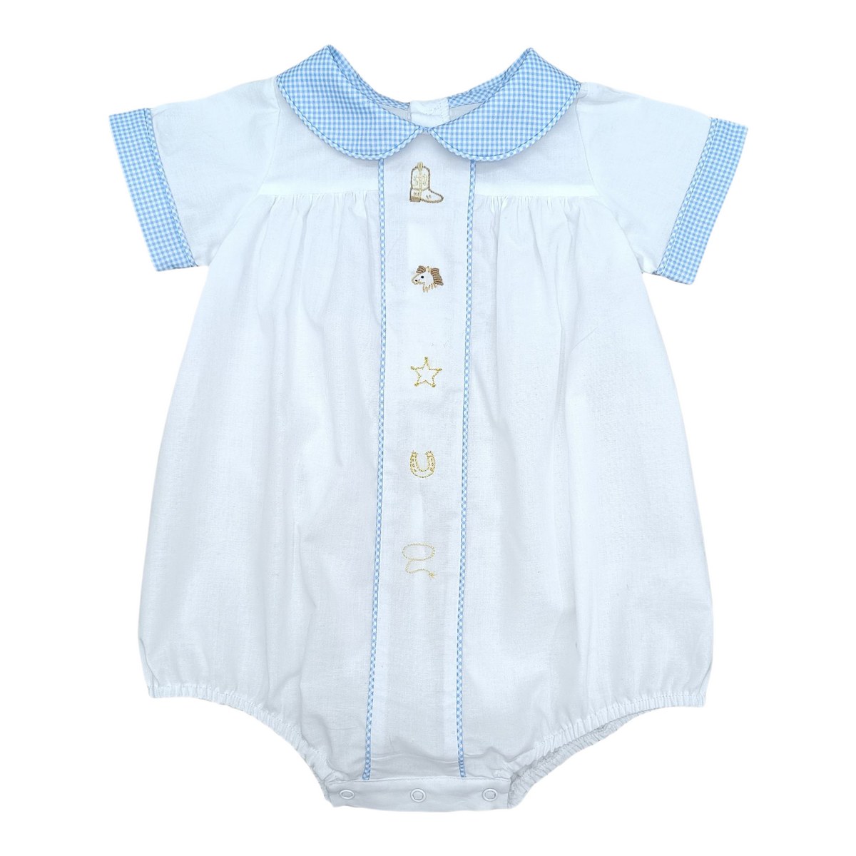 White w/ Blue Gingham & Cowboy Emb Clark Bubble