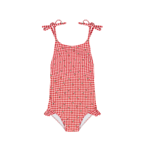 Girls Floral Gingham Front Tie Strap Halter One Piece