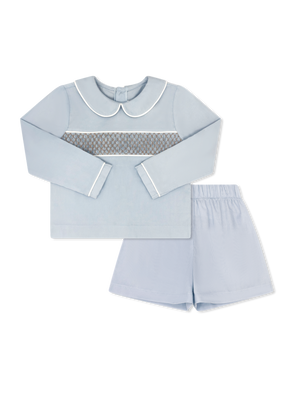 Liam Short Set - Princeton Blue Cord w Khaki Smocking (Toddler)