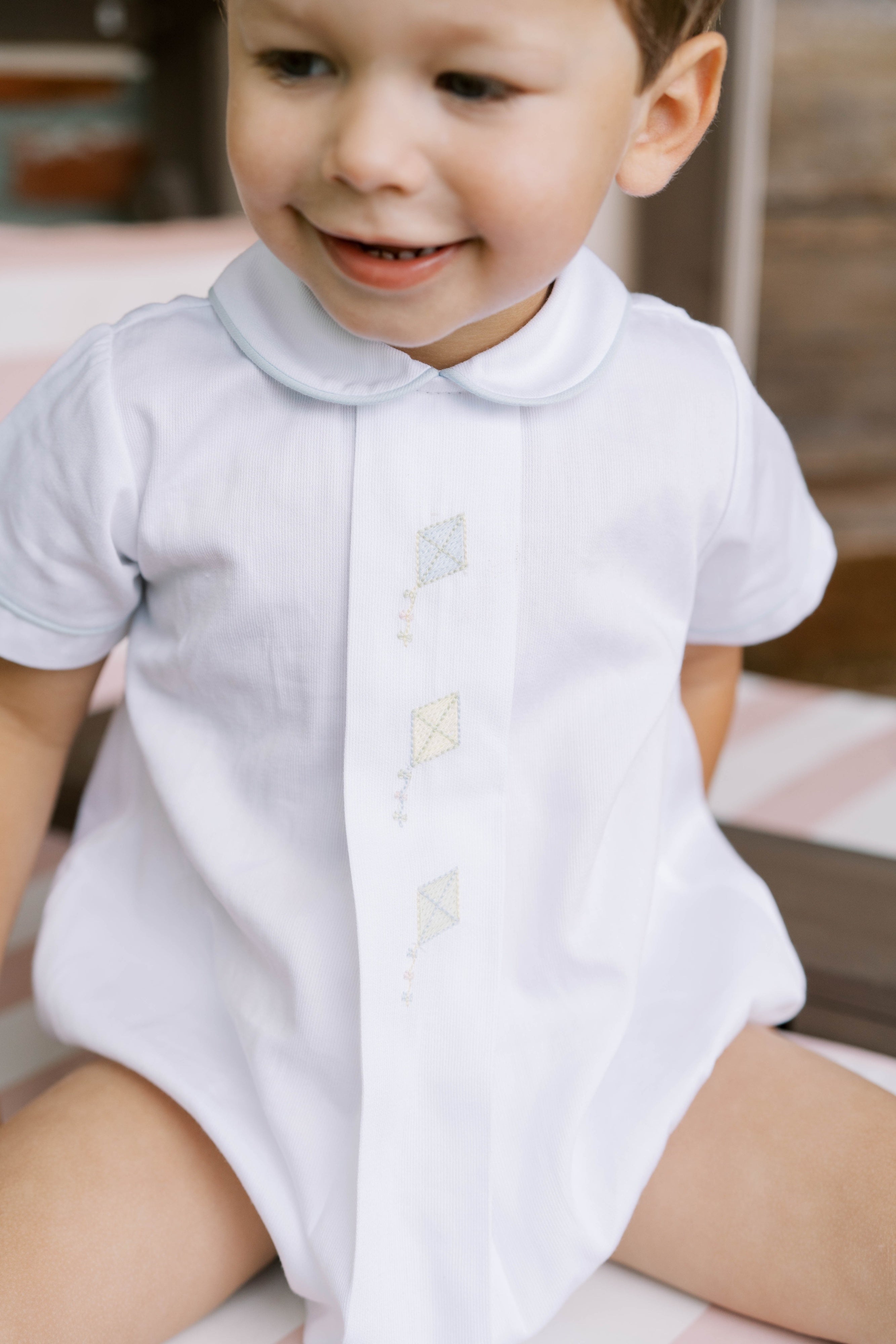 White Pique w/ Blue Piping & Kite Emb Palmer Bubble