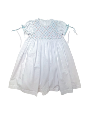 White Batiste w/ Pink & Blue Heirloom Smocked Dress