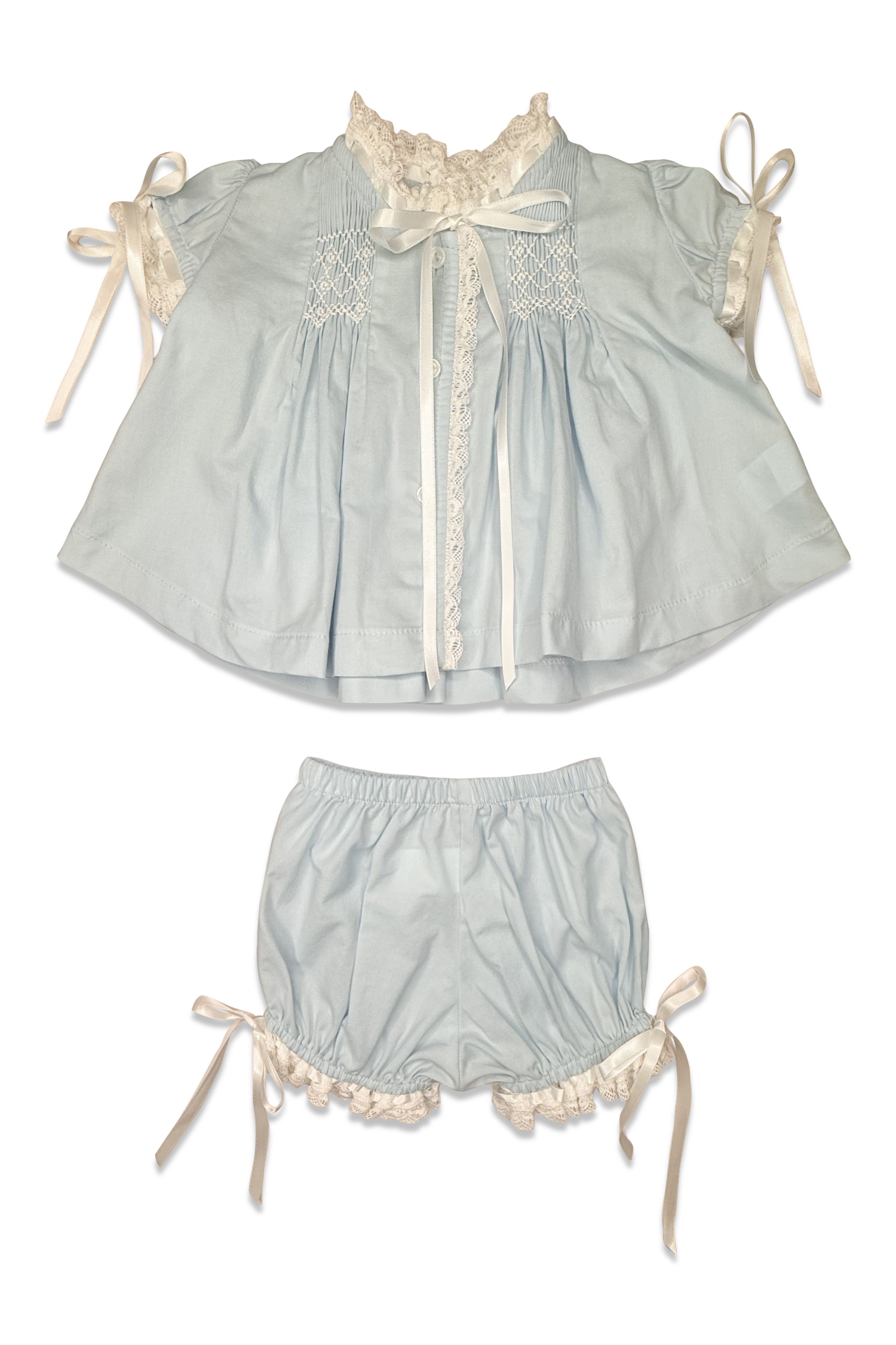 Blue Batiste w/ White Smocking Satin Ribbon Heirloom Bloomer Set