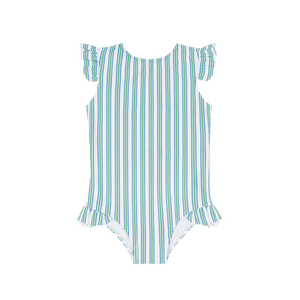 Tamarin Stripe Ruffle Cap Sleeve Rashguard One Piece