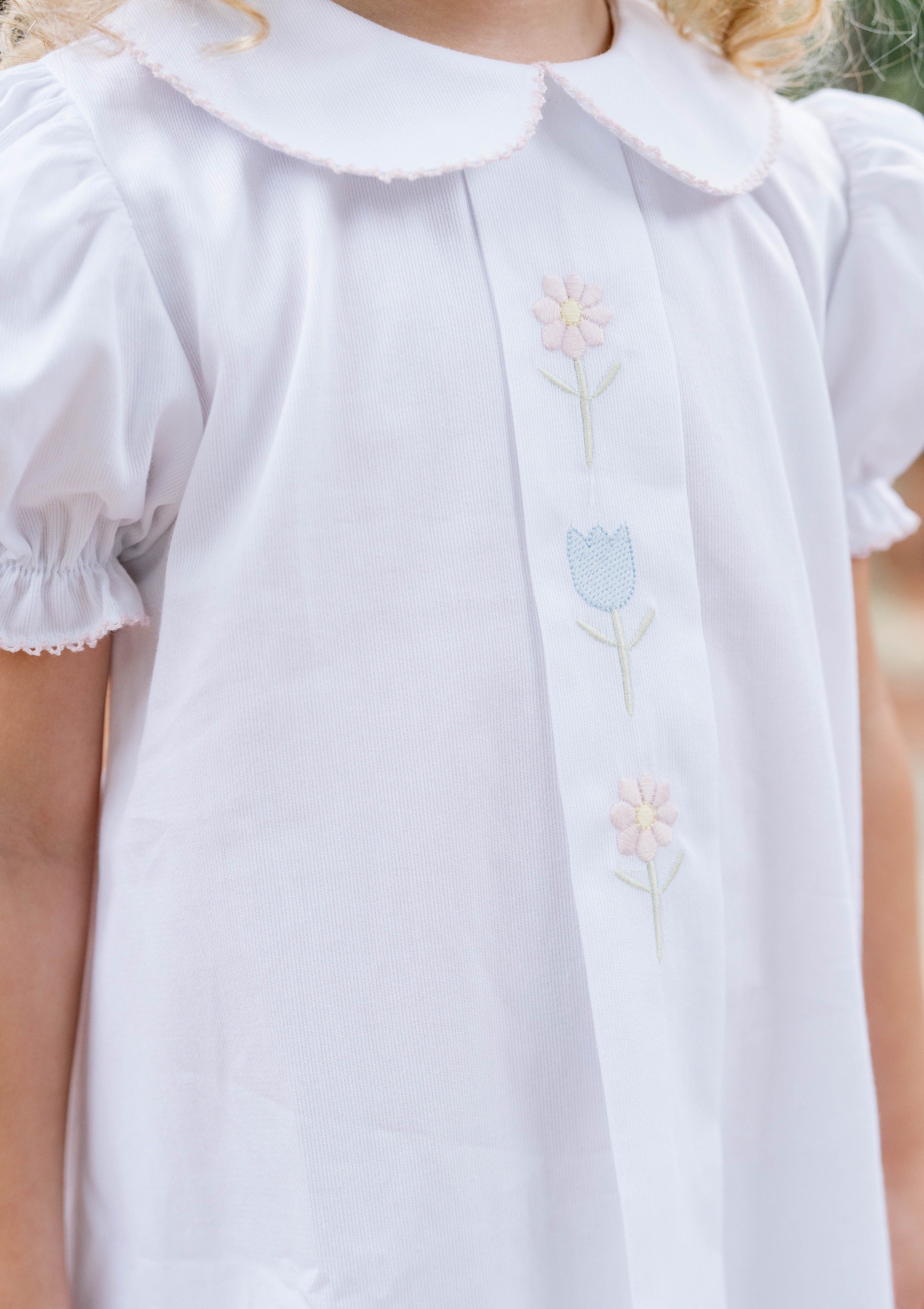 Classic White Pique w/ Pink Piping and Floral Emb Bluebonnet Dress