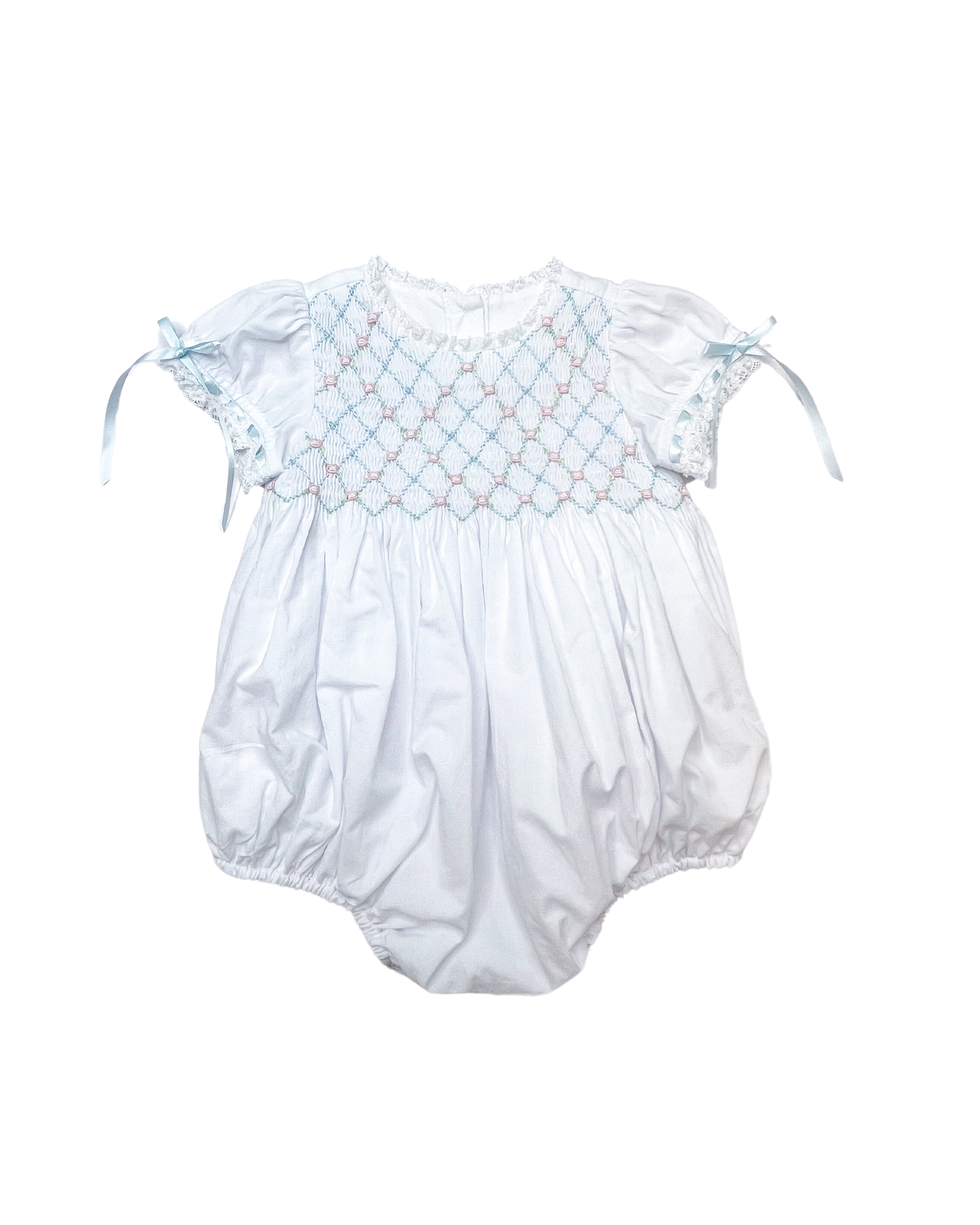 White Batiste w/ Pink & Blue Heirloom Smocked Bubble