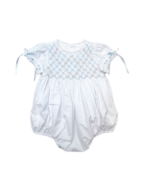White Batiste w/ Pink & Blue Heirloom Smocked Bubble