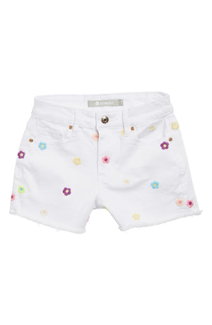 Floral Embroidered Fray Hem Short-White